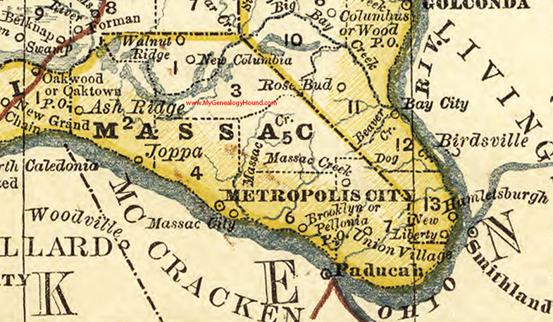 Massac County, Illinois 1881 Map, Metropolis, Ash Ridge, Brooklyn, Joppa, Massac City, New Columbia, Pellonia, Union Village, Walnut Ridge