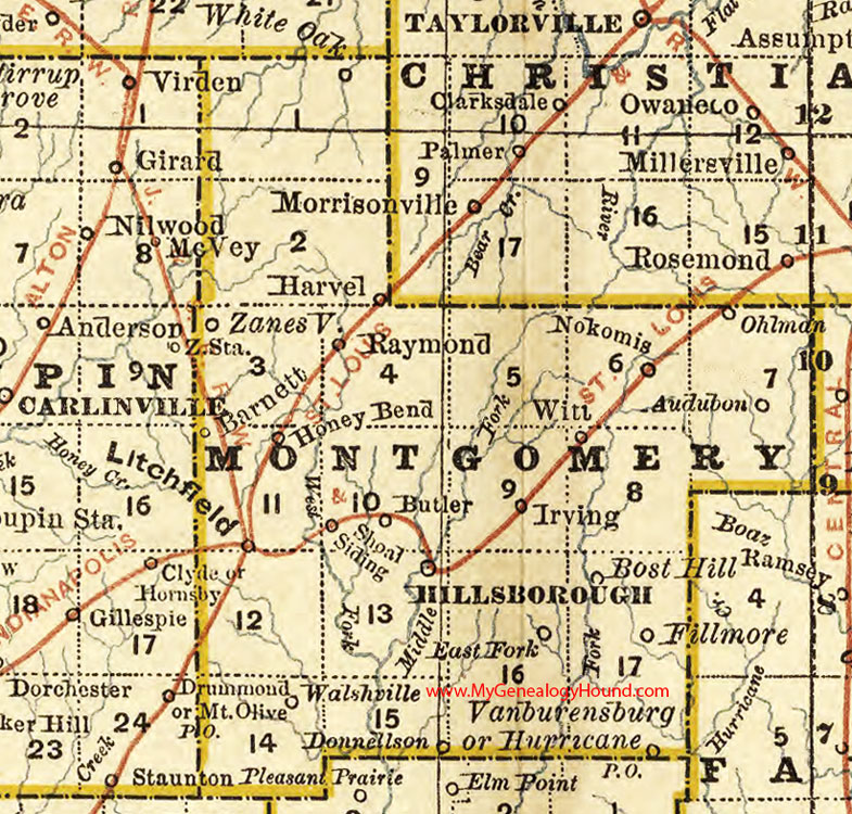 Montgomery County, Illinois 1881 Map, Hillsboro, Litchfield, Nokomis, Witt, Raymond, Donnellson, Butler, Audubon