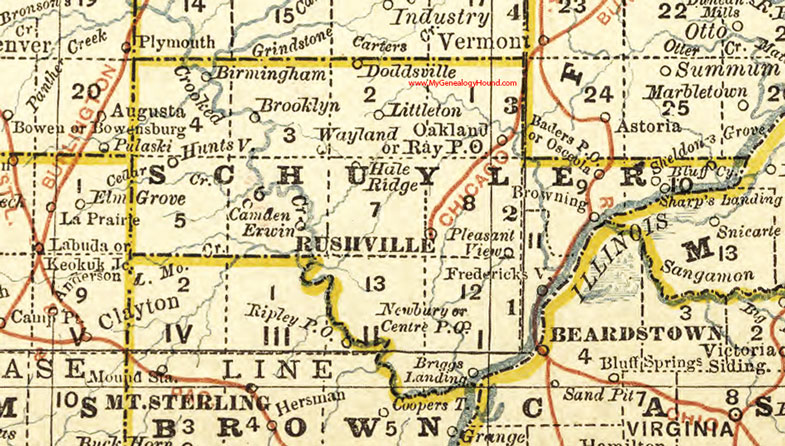 Schuyler County, Illinois 1881 Map, Rushville, Brooklyn, Doddsville, Birmingham, Wayland, Huntsville, Littleton, Oakland