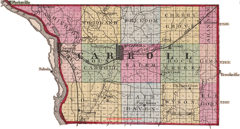 Carroll County, Illinois 1870 Map, Mount Carroll, Savanna, IL, Lanark, Milledgeville, Mount Carroll, Savanna, Shannon, Thomson