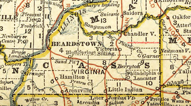 Cass County, Illinois 1881 Map, Beardstown, Ashland, Virginia, Chandlerville, Garner, Arenzville, Philadelphia