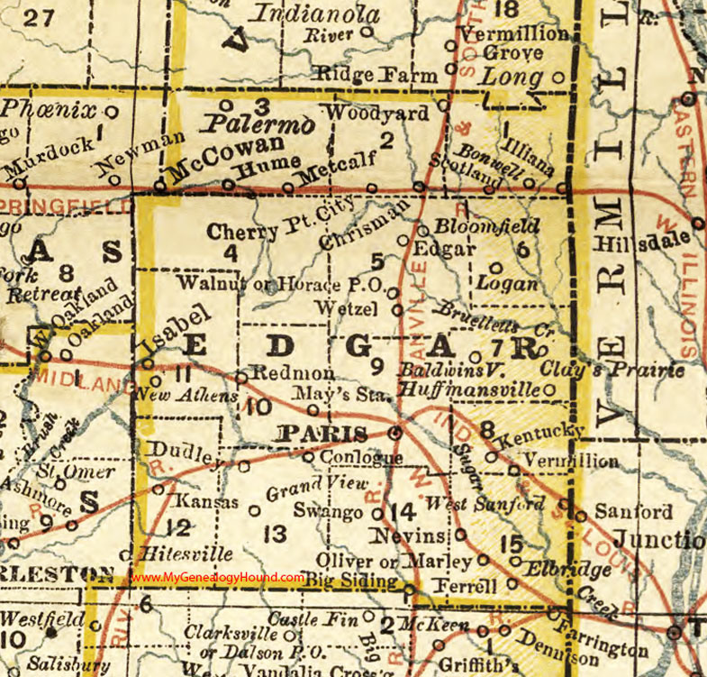 Edgar County, Illinois 1881 Map, Paris, Chrisman, Vermillion, Redmon, Metcalf, Hume, Kansas