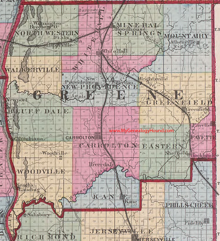 Greene County, Illinois 1870 Map Carrollton, White Hall, Roodhouse, Greenfield, Rockbridge, Kane, Berdan, Athenville, Wilmington, IL