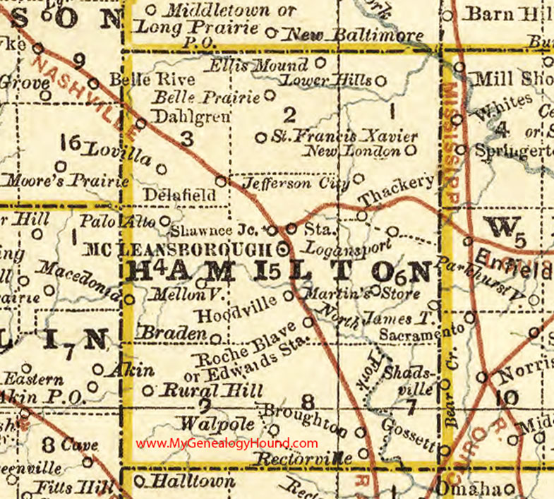 Hamilton County, Illinois 1881 Map, McLeansboro, Broughton, Dahlgren, Walpole, Delafield, Lovilla, Rectorville