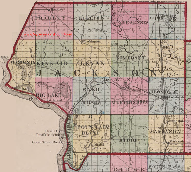 Jackson County, Illinois 1870 Map Carbondale, Murphysboro, De Soto, Markanda, Ava, Elkville, Vergennes, Grand Tower, Bradley, IL
