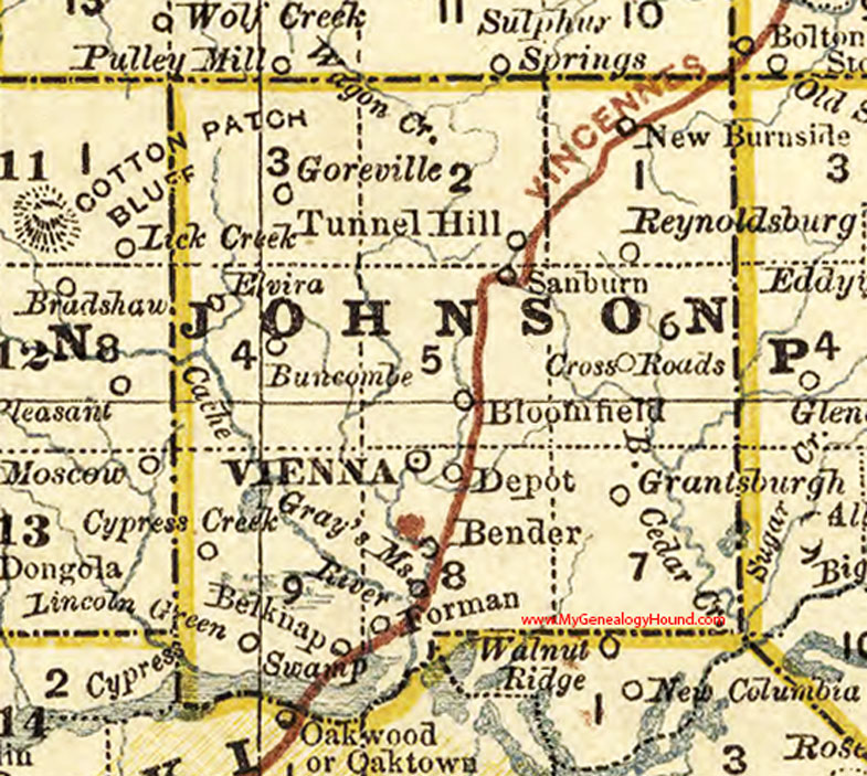 Johnson County, Illinois 1881 Map, Vienna, Buncombe, Cypress, Bloomfield, Grantsburg, Goreville, New Burnside