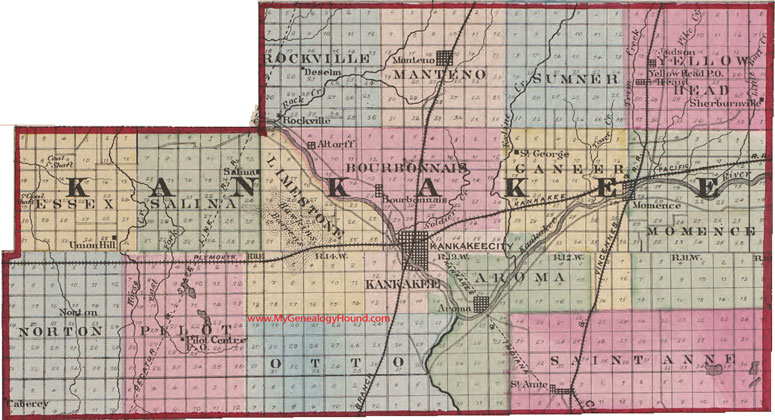 Kankakee County, Illinois 1870 Map Bourbonnais, Manteno, Momence, Aroma, St. Anne, Union Hill, Salina, Deselm, Rockville, IL