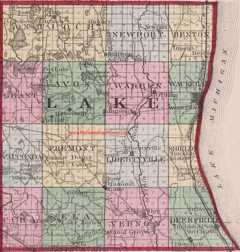 Lake County, Illinois 1870 Map Waukegan, Libertyville, Deerfield, Highland Park, Fox Lake, Wauconda, Lake Zurich, Antioch, Highwood, Sangatuck, IL