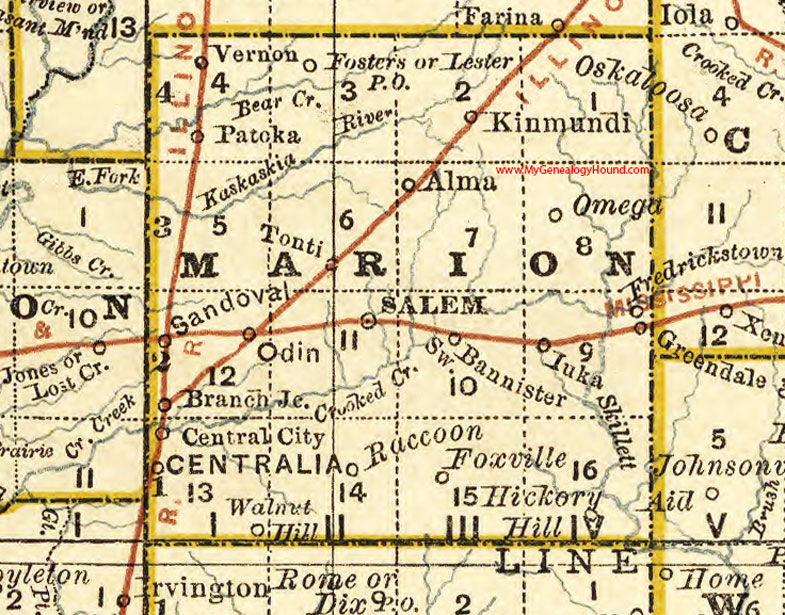 Marion County, Illinois 1881 Map, Salem, Centralia, Odin, Sandoval, Kinmundy, Patoka, Iuka, Alma