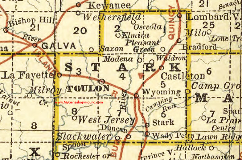 Stark County, Illinois 1881 Map, Toulon, LaFayette, Wyoming, Bradford, Slackwater, Wady, Saxon, Modena, Waldron