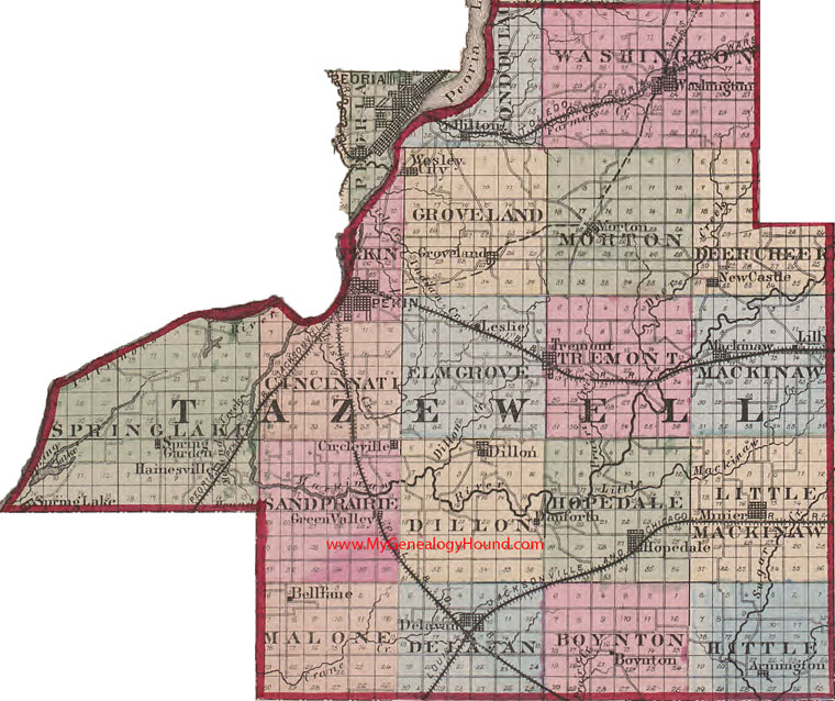 Tazewell County, Illinois 1870 Map Pekin, Morton, Washington, Delavan, Tremont, Mackinaw, Dillon, Minier, IL