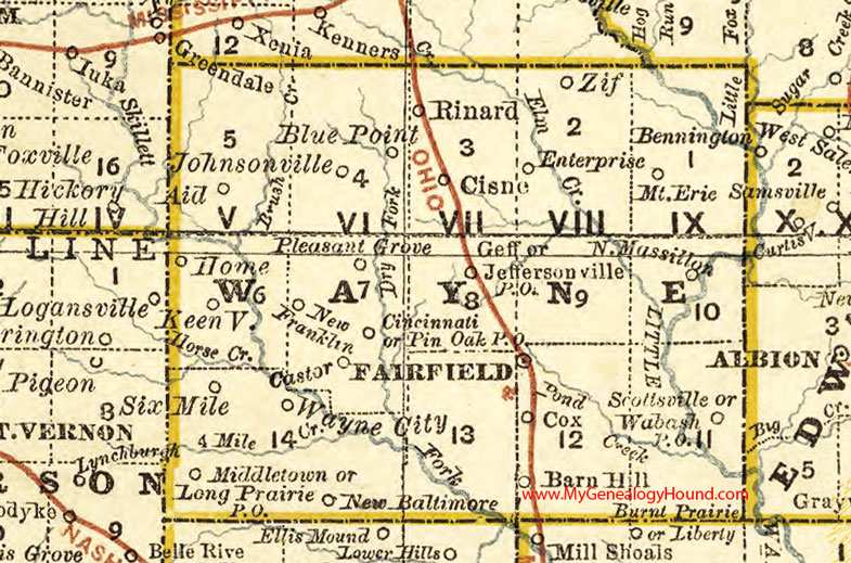 Wayne County, Illinois 1881 Map, Fairfield, Wayne City, Geff, Cisne, Rinard, Johnsonville, Mount Erie, Zif, Castor, Cincinnati, Enterprise