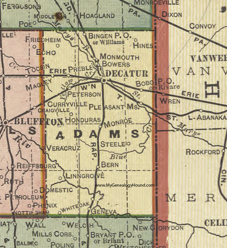 Adams County, Indiana, 1908 Map, Decatur, Berne, Geneva, Monroe, Linn Grove, Salem, Preble, Pleasant Mills, Bobo, Peterson