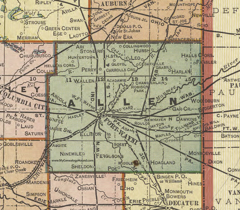 Allen County, Indiana, 1908 Map, Fort Wayne, Grabill, Woodburn, Harlan, Huntertown, Arcola, Aboite, Poe, Middletown, Hoagland, Leo