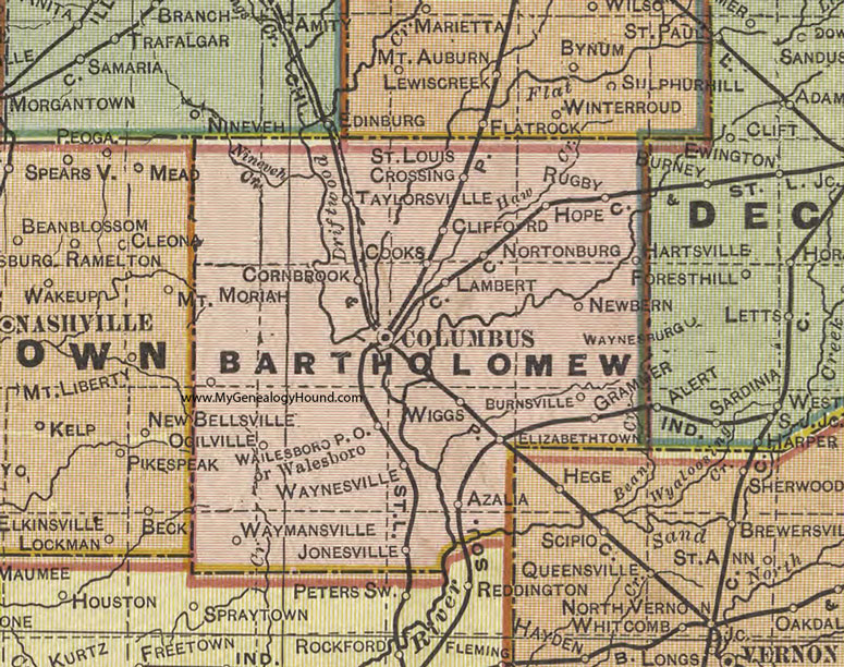 Bartholomew County, Indiana, 1908 Map, Columbus, Hartsville, Elizabethtown, Jonesville, Azalia, Taylorsville, Hope, Clifford, Hartsville, Grammer, Walesboro, Lambert 