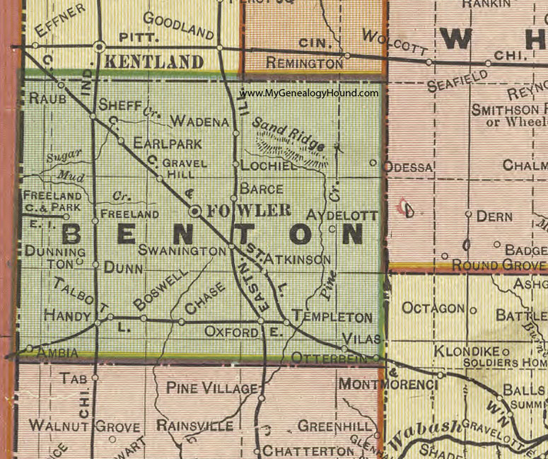 Benton County, Indiana, 1908 Map, Fowler, Boswell, Otterbein, Earl Park, Talbot, Ambia, Templeton, Oxford, Atkinson, Dunn, Swanington