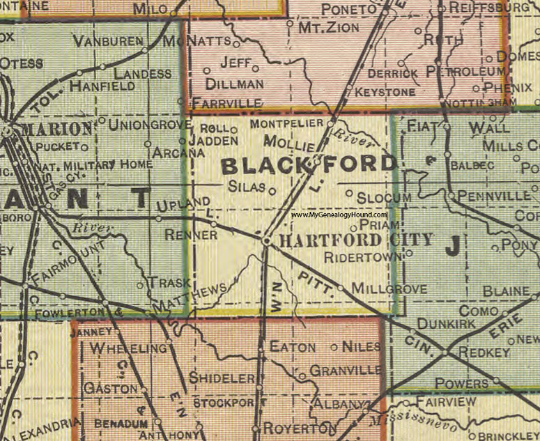 Blackford County, Indiana, 1908 Map, Hartford City, Millgrove, Mollie, Montpelier, Priam, Renner, Rollo, Silas, Slocum