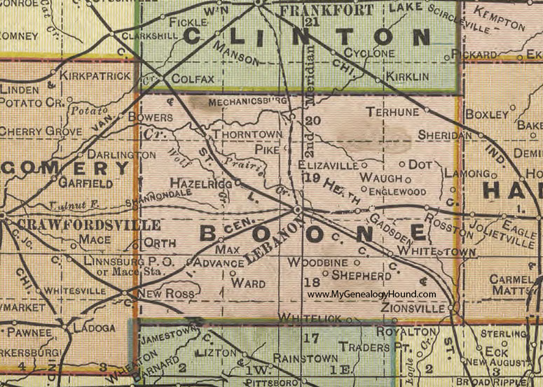 Boone County, Indiana, 1908 Map, Lebanon, Zionsville, Thorntown, Elizaville, Advance, Whitestown, Hazelrigg, Hazelrigg, Terhune, Woodbine