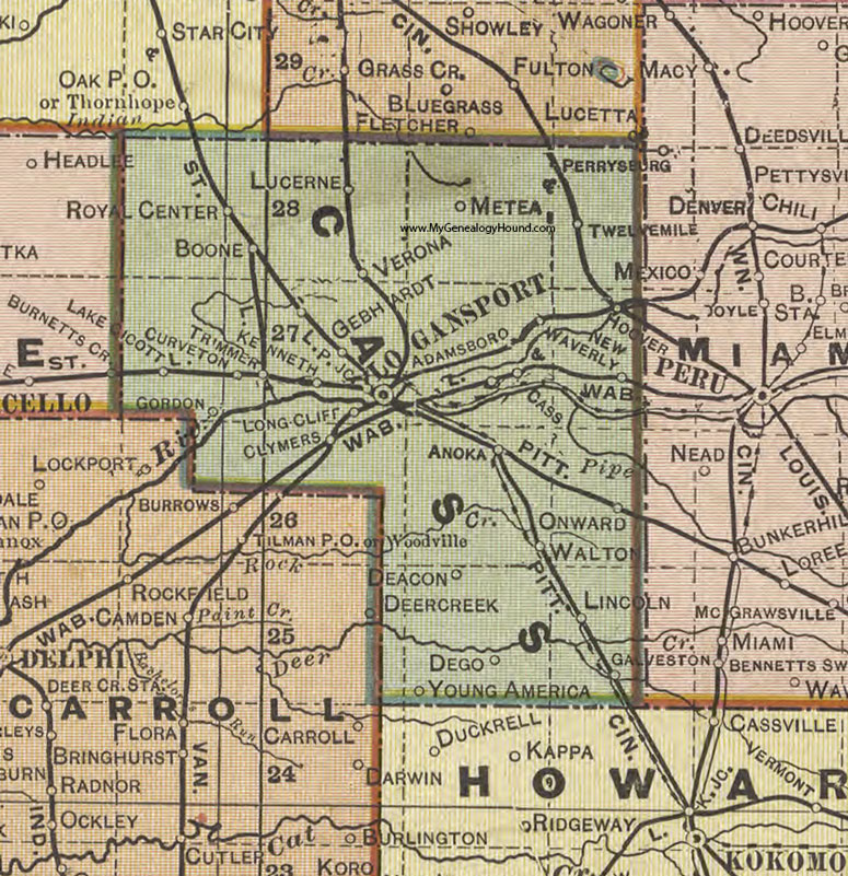 Cass County, Indiana, 1908 Map, Logansport, Walton, Galveston, Young America, Onward, Lake Cicott, Gebhardt, New Waverly, Royal Center, Lucerne, Metea, Twelve Mile