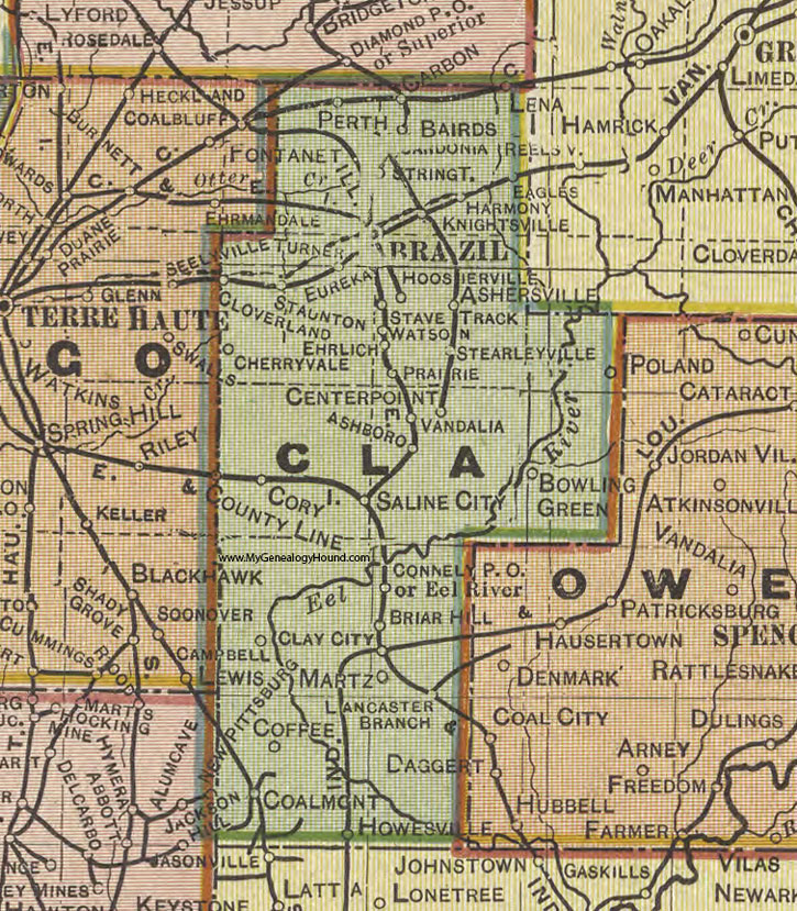 Clay County, Indiana, 1908 Map, Brazil, Knightsville, Harmony, Carbon, Staunton, Bowling Green, Cory, Clay City, Coalmont, Howesville, Martz