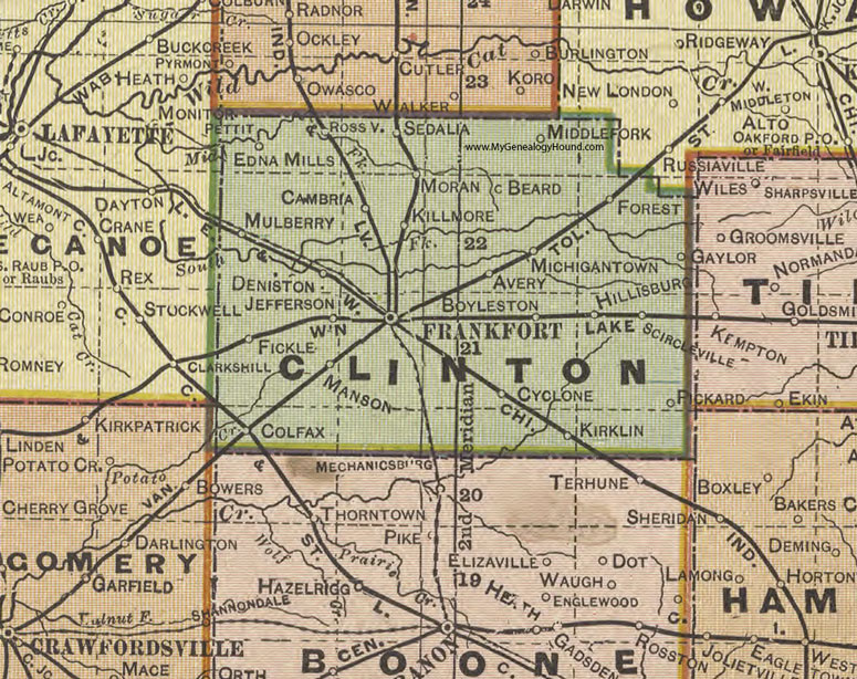 Clinton County, Indiana, 1908 Map, Frankfort, Mulberry, Rossville, Michigantown, Sedalia, Kirklin, Colfax, Manson, Cambria, Scircleville, Hillisburg