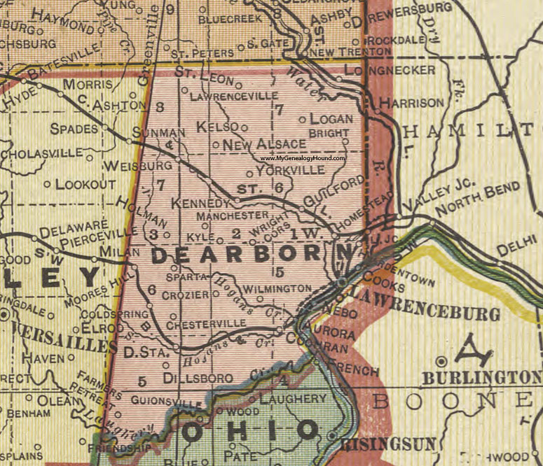 Dearborn County, Indiana, 1908 Map, Lawrenceburg, Guilford, Dillsboro, Aurora, Hardinsburg, Homestead, Moores Hill, St. Leon, Crozier, New Alsace