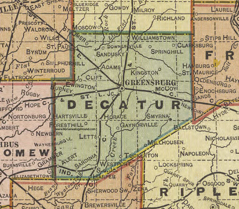 Decatur County, Indiana, 1908 Map, Greensburg, Clarksburg, New Point, Adams, Burney, St. Paul, Westport, Millhousen, Letts, Smyrna