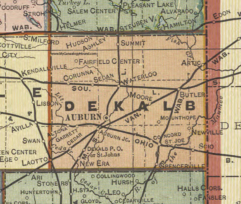 Dekalb County, Indiana, 1908 Map, Auburn, Ashley, Waterloo, Butler, Corunna, Garrett, Altona, Newville, Moore, Scio, Sedan
