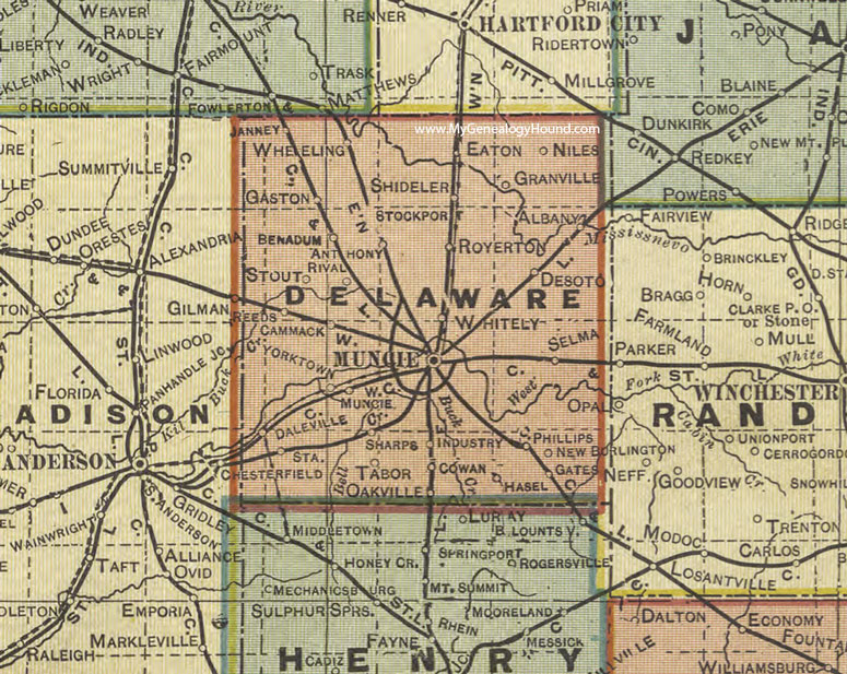 Delaware County, Indiana, 1908 Map, Muncie, Yorktown, Daleville, Albany, Eaton, Gaston, Oakville, Selma, Cammack, Royerton