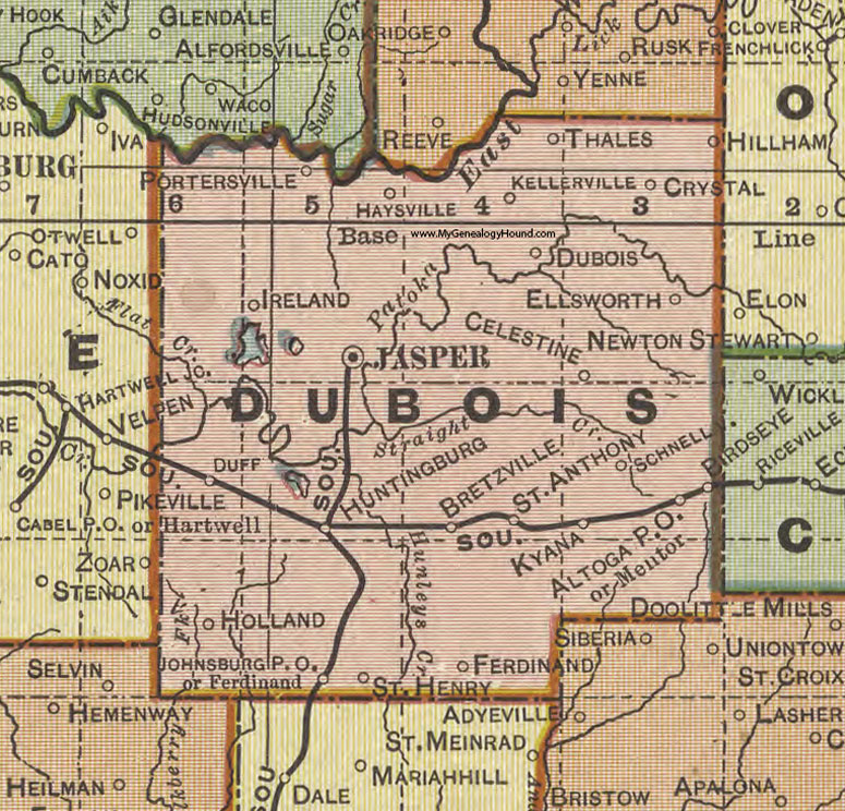 Dubois County, Indiana, 1908 Map, Jasper, Huntingburg, Ferdinand, Ireland, Celestine, Schnellville, Holland, Hillham, Duff