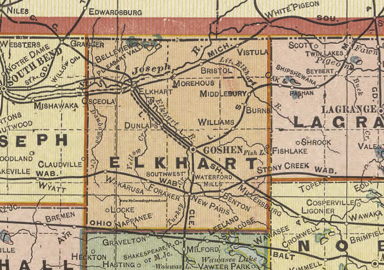 Elkhart County, Indiana, 1908 Map, Goshen, New Paris, Bristol, Nappanee, Wakarusa, Middlebury, Millersburg, Locke, Burns, Foraker