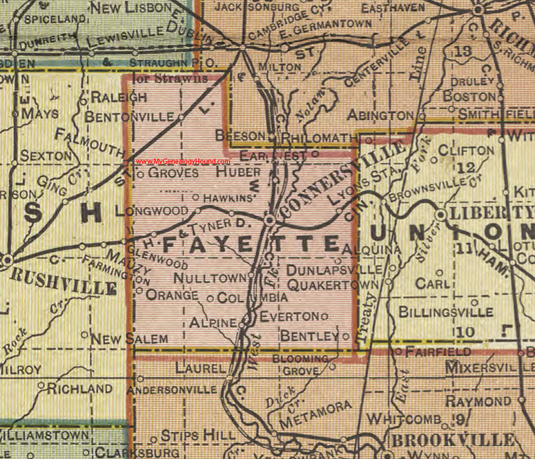 Fayette County, Indiana, 1908 Map, Connersville, Alpine, Alquina, Bentonville, Hawkins, Bentley, Everton, Columbia