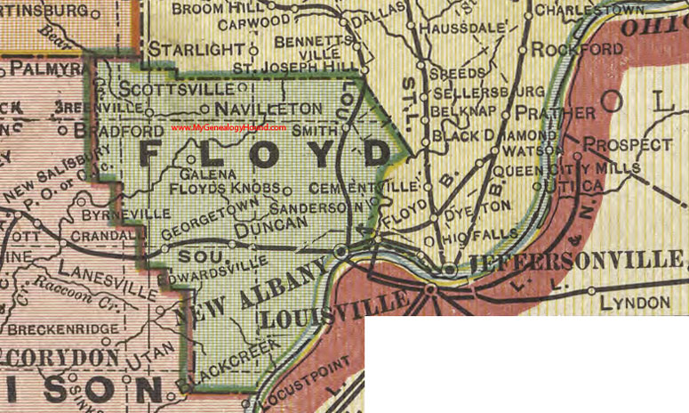 Floyd County, Indiana, 1908 Map, New Albany, Georgetown, Floyds Knob, Greenville, Galena, Duncan, Navillton, Scottsville