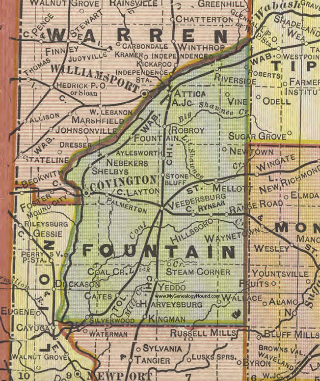 Fountain County, Indiana, 1908 Map, Covington, Attica, Veedersburg, Hillsboro, Yeddo, Wallace, Kingman, Mellott, Newtown, Nebekers, Silverwood