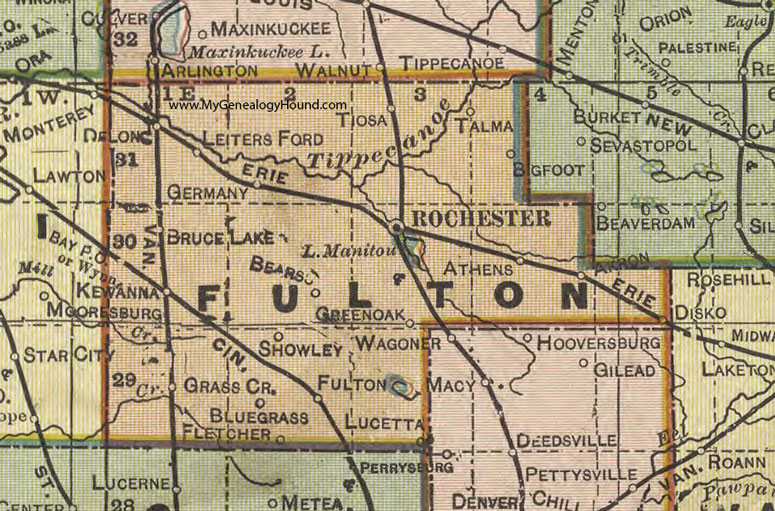 Fulton County, Indiana, 1908 Map, Rochester, Delong, Kewanna, Grass Creek, Akron, Athens, Leiters Ford, Showley, Fletcher, Lucetta 