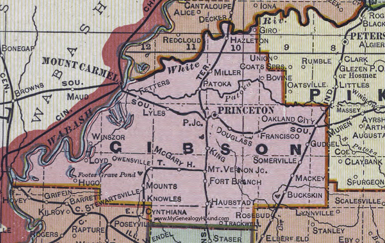 Gibson County, Indiana, 1908 Map, Princeton, Patoka, Oakland City, Owensville, Hazleton, Ft. Branch, Somerville, Haubstadt, Buckskin, Mackey, Francisco