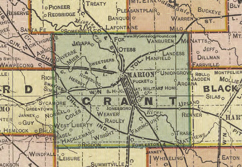 Grant County, Indiana, 1908 Map, Marion, Gas City, Sweetser, Jonesboro, Fairmount, Fowlerton, Matthews, Upland, Van Buren, Landess, Swayzee, Sims, Point Isabel