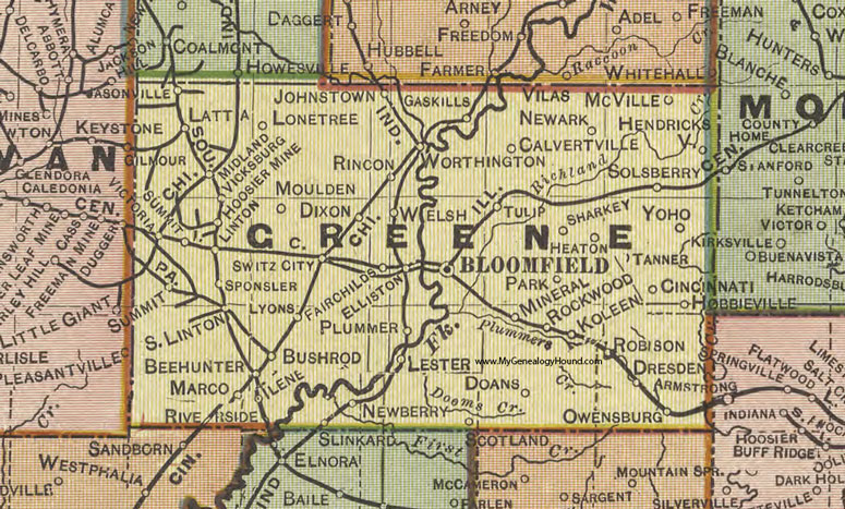 Greene County, Indiana, 1908 Map, Bloomfield, Jasonfield, Linton, Worthington, Solsberry, Switz City, Lyons, Newberry, Scotland, Midland, Koleen, Owensburg, Tanner, Doans