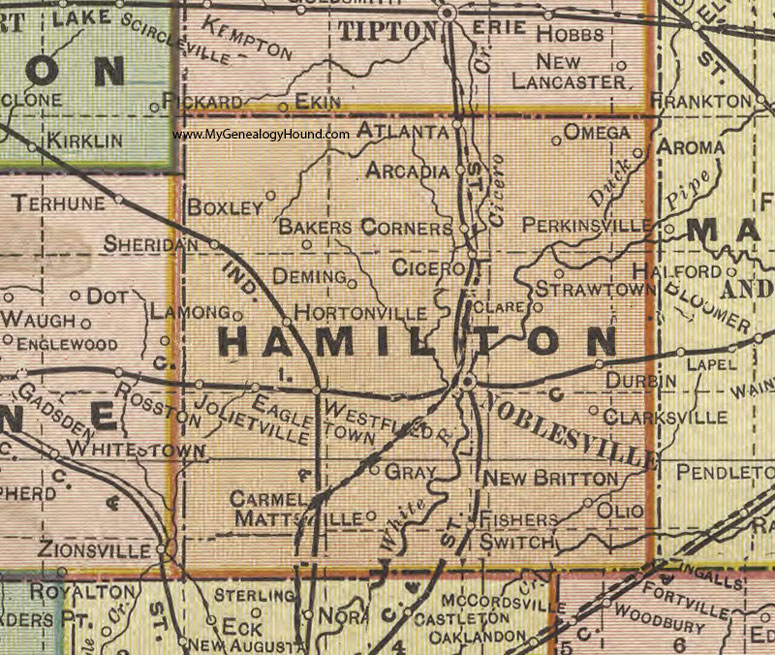 Hamilton County, Indiana, 1908 Map, Noblesville, Carmel, Fishers, Westfield, Arcadia, Cicero, Sheridan, Deming, Cicero