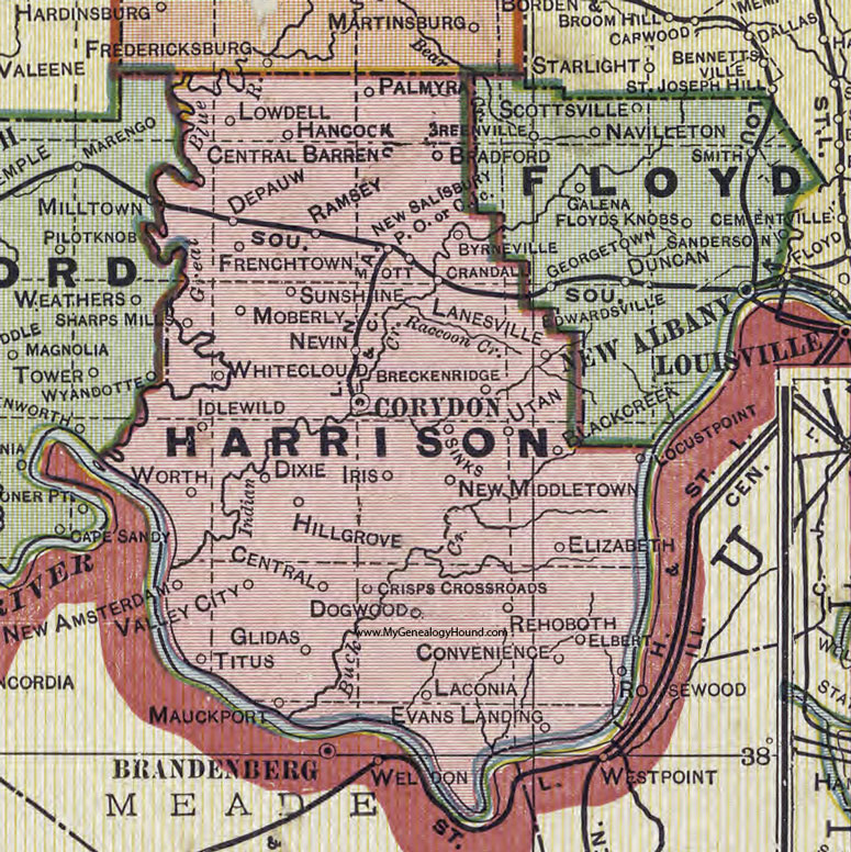Harrison County, Indiana, 1908 Map, Corydon, Lanesville, New Middletown, Laconia, Central, Palmyra, Bradford, Ramsey, Depauw, Crandall, New Salisbury, New Amsterdam, Mauckport