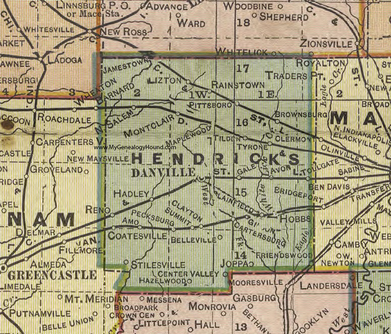 Hendricks County, Indiana, 1908 Map, Danville, Plainfield, Clayton, Avon, Cartersburg, Stilesville, Coatesville, North Salem, Lizton, Brownsburg, Pittsboro