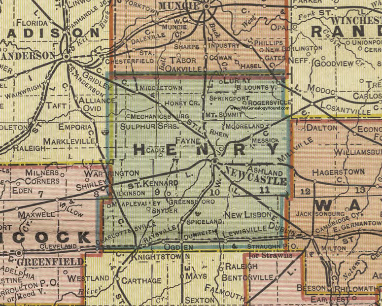 Henry County, Indiana, 1908 Map, New Castle, Springport, Middletown, Sulphur Springs, Cadiz, Lewisville, Knightstown, Kennard, Dunreith, Straughn