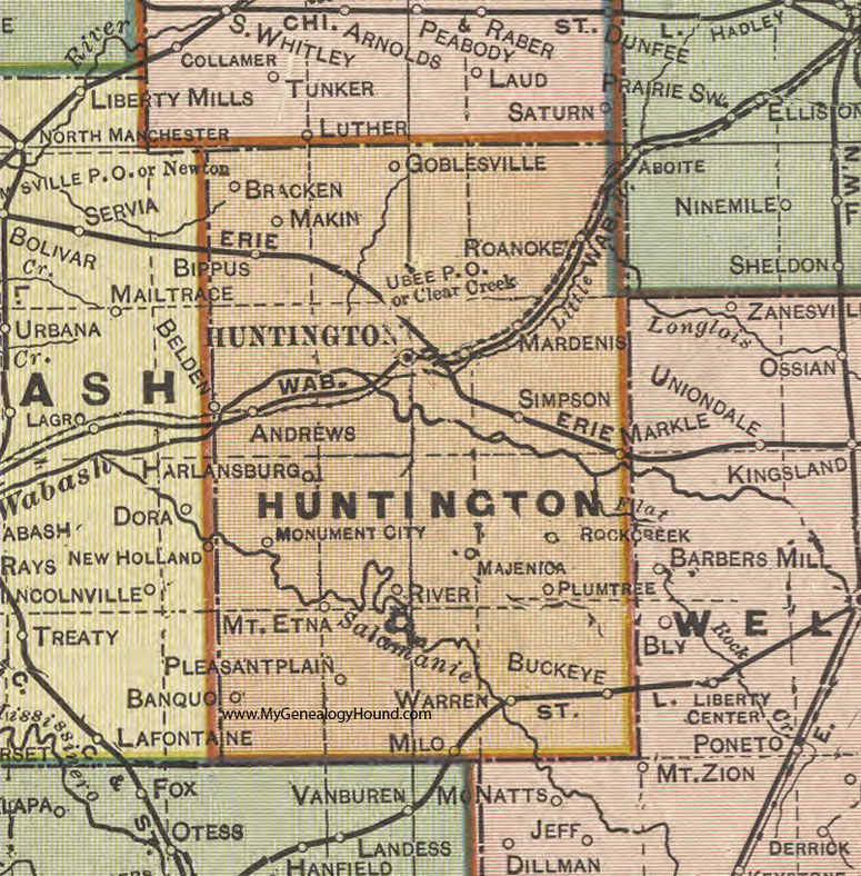 Huntington County, Indiana, 1908 Map, Andrews, Bippus, Roanoke, Markle, Majenica, Warren, Mt. Etna