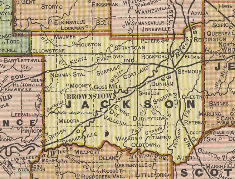 Jackson County, Indiana, 1908 Map, Brownstown, Seymour, Crothersville, Freetown, Kurtz, Norman Station, Vallonia, Medora, Sparksville, Cortland, Dunham, Dye, Marling