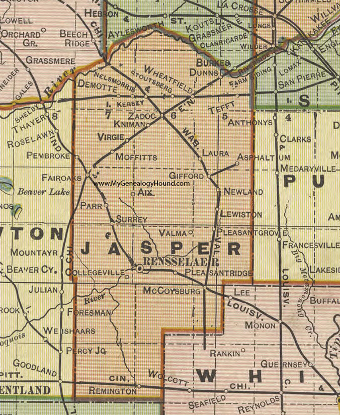 Jasper County, Indiana, 1908 Map, Rensselaer, Remington, Demotte, Wheatfield, Gifford, Collegeville, Stoutsburg, Parr, Tefft, Aix