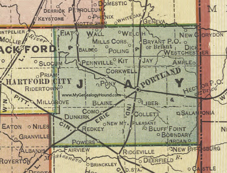 Jay County, Indiana, 1908 Map, Portland, Dunkirk, Redkey, Pennville, Salamonia, Bryant, Como, Blaine, Poling, Corkwell, Liber