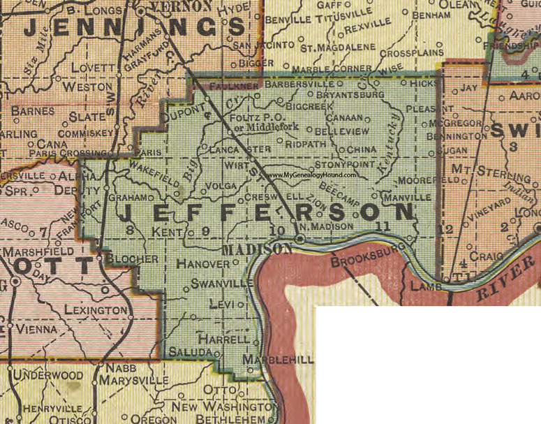 Jefferson County, Indiana, 1908 Map, Madison, Dupont, Canaan, Hanover, Foltz, Hicks, Saluda, Volga, Wirt, Creswell