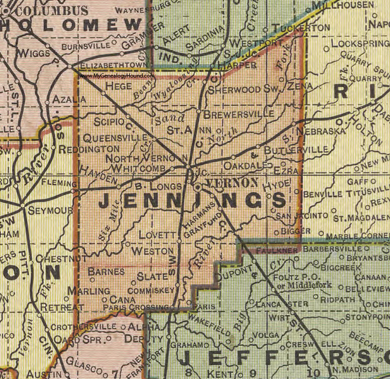 Jennings County, Indiana, 1908 Map, Vernon, Butlerville, Nebraska, Scipio, Hayden, Lovett, Mommiskey, Paris Crossing, Lovett, San Jacinto, Zena, Cana