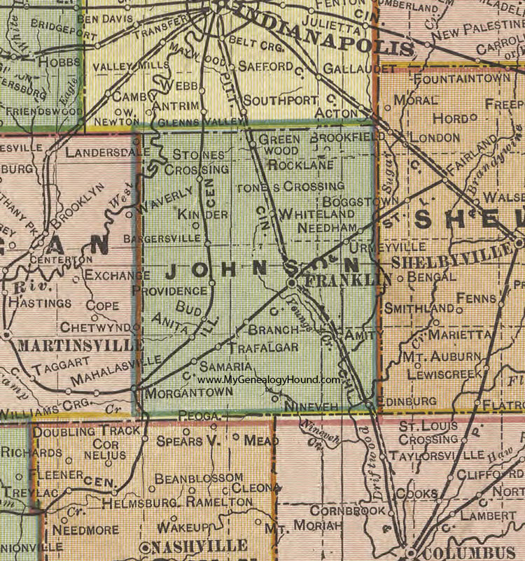 Johnson County, Indiana, 1908 Map, Franklin, Greenwood, Whiteland, Amity, Edinburgh, Ninevah, Trafalgar, Needham, Bargersville, Samaria