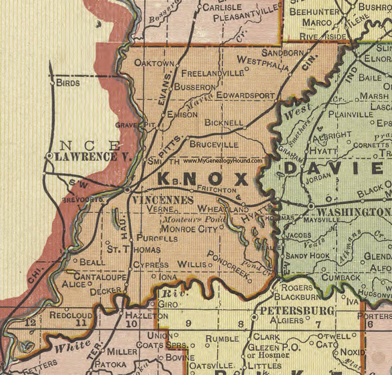 Knox County, Indiana, 1908 Map, Vincennes, Bicknell, Bruceville, Wheatland, Monroe City, Decker, Edwardsport, Westphalia, Sandborn, Freelandville, Oaktown